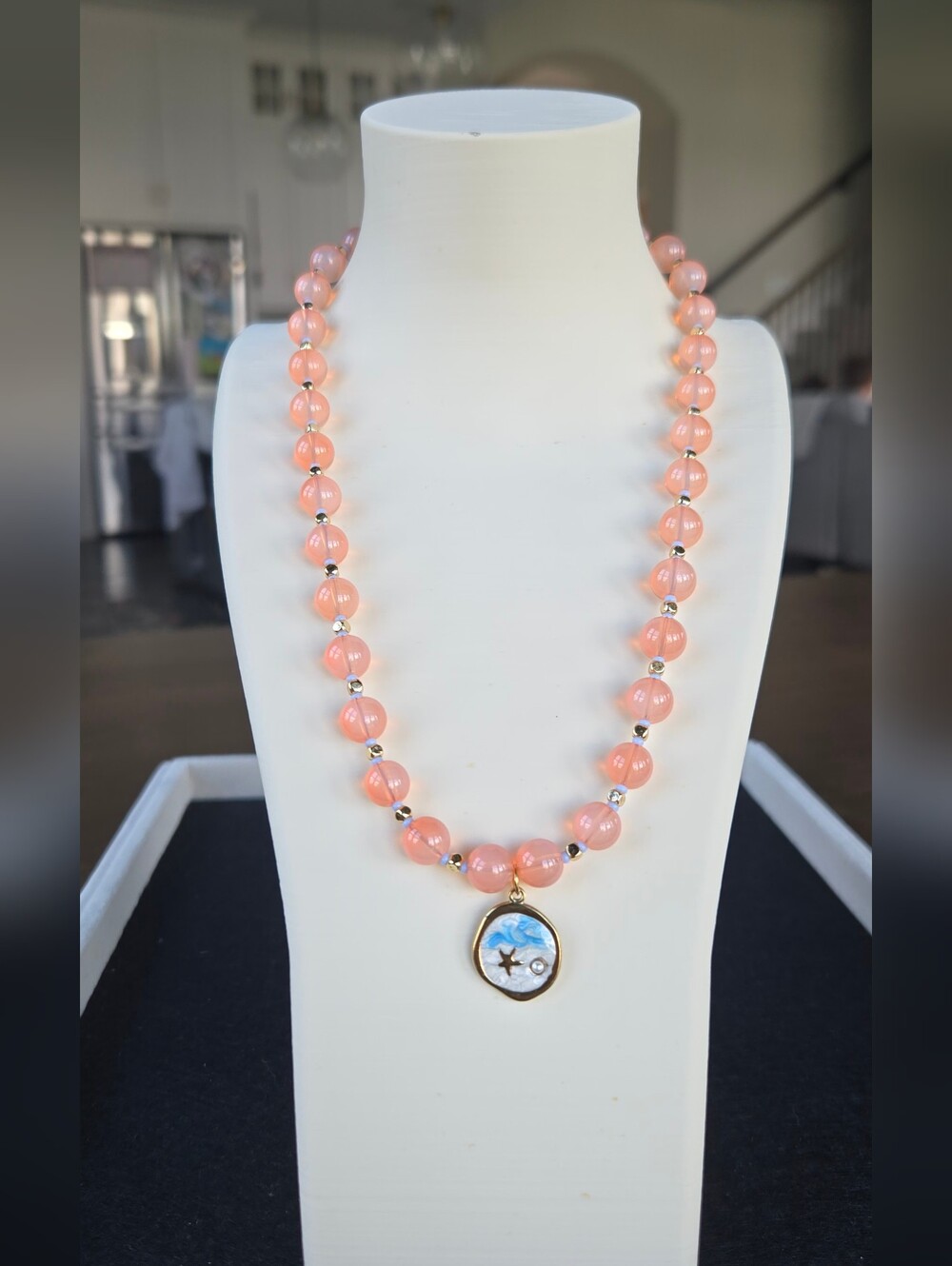 Handcrafted Orange Glass Beaded Necklace with Ocean Pendant